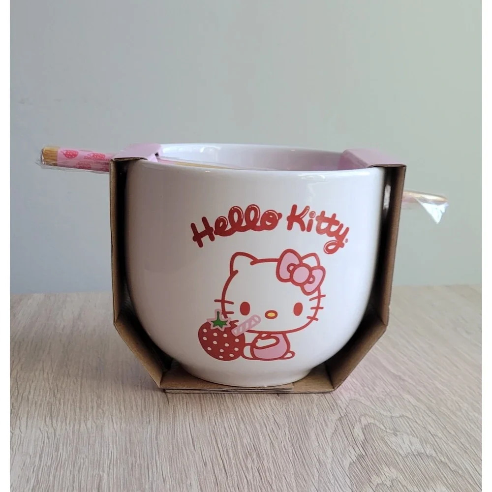 Hello Kitty Pink Strawberry Ramen Pasta Noodle Rice Bowl & Chopsticks Set‎ New